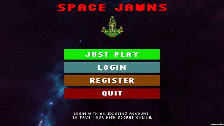 Screenshot of start screen of Space Jawns